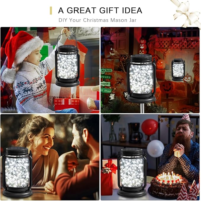 4 Pack Hanging Solar Lantern Lights, 30LED Vintage Glass Mason Jar Solar Fairy Lights Outdoor Decorative Waterproof Table Lamp with Stakes for Patio Yard Lawn Tree