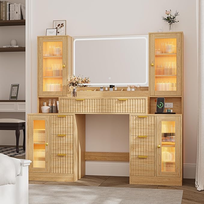 Fluted Makeup Vanity Desk with Mirror and Lights, 55" Glass Top Vanity with 8 Drawers & 4 RGB Glass Cabinets, Adjustable Shelves & Power Outlet, Modern Dressing Table Set for Women Girls Bedroom