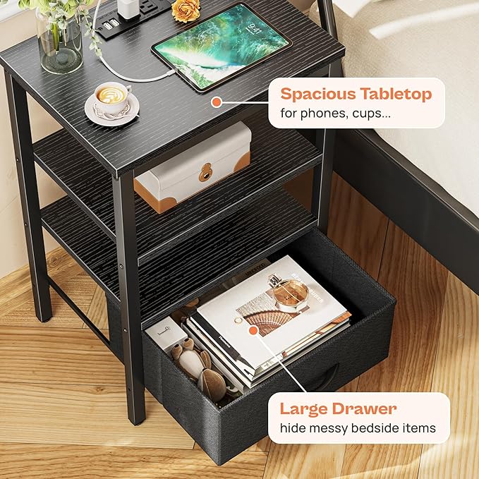 SUPERJARE Nightstand Set of 2, Bed Side Tables with Charging Station, Adjustable Fabric Drawer, Night Stand for Bedroom, 3-Tier Storage End Tables, Black
