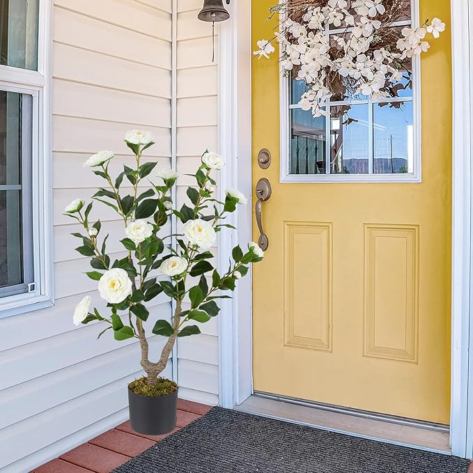 GOFLAME 3FT Artificial Camellia Tree, 2 Pack Faux Camellia Plant with White Flowers, Solid Wood Trunk, Realistic Moss, Greenery Potted Decoration Tree for Indoor Outdoor Home Porch Front Door