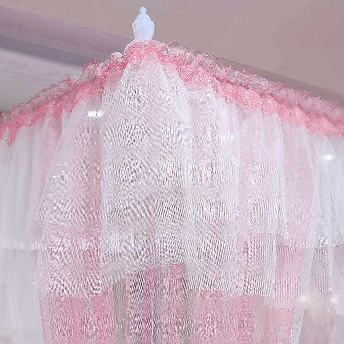 Joyreap Luxury 4 Corners Post Canopy Bed Curtains - Pink & White Cozy Drape Netting - Cute Princess Style Bedroom Decoration Accessories (86" W x 78" L, King)