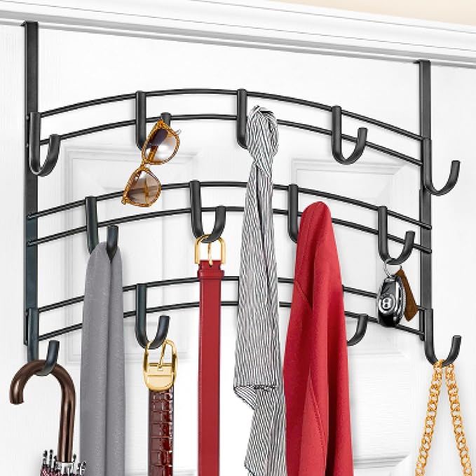 LYNK Professional® Home™ Over The Door Hooks - 14 Hook Over The Door Hanger - Over Door Coat Rack - Hanging Towels or Clothes - Bathroom, Bedroom or Laundry Room - Lifetime Ltd. Warranty – Black