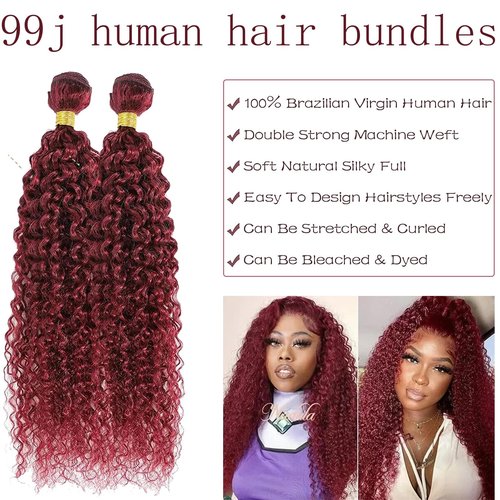 Fabimiya Human Hair Bundles Burgundy 99J Jerry Curly 16 18 20 Inch Bundles Human Hair 100% Unprocessed Burgundy Soft Sewn In Hair with Double Weft for Black Women