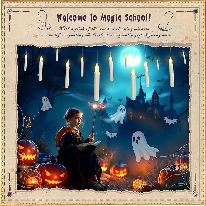 Homemory Hanging 20 Pcs Floating Candles with 2 Wand Remote and String, Flying Flameless LED Taper Candles Warm White Light, Battery Operated Window Candle for Halloween Christmas Party