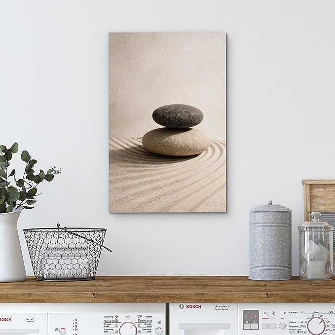 wall26 Canvas Print Wall Art Balanced Zen Stones on Raked Sand Minimal Neutral Photography Realism Rustic Colorful Multicolor for Living Room, Bedroom, Bathroom - 32"x48"