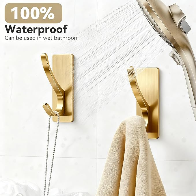 10 Pack Self Adhesive Coat Hooks for Hanging, Heavy Duty Stainless Double Wall Hook for Towel, Backpack, Hat, Sturdy Metal Hanger for Bathroom, Bedroom, Door, Wall Mounted, Brushed Gold