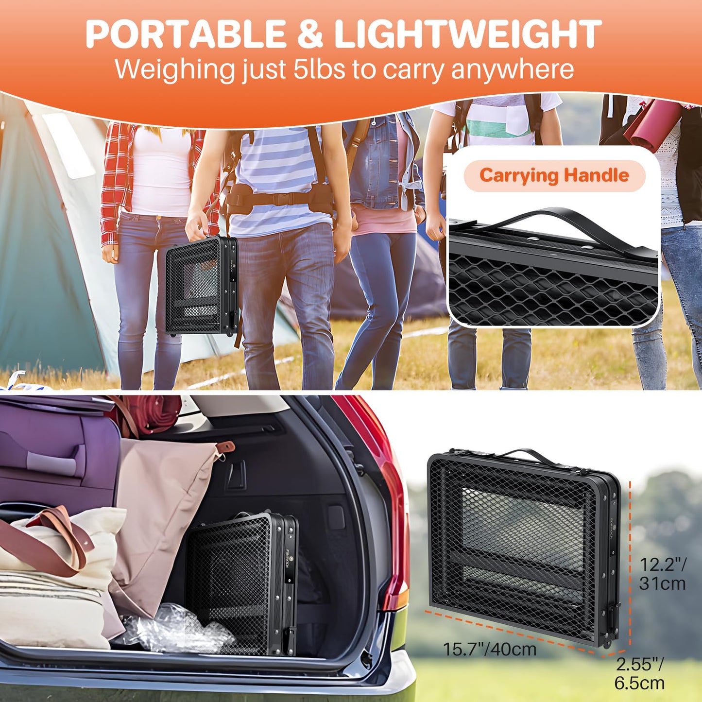 FUNYKICH Folding Grill Table for Outside, 3 Height Adjustable Portable Camping Tables, Lightweight Metal Aluminum Outdoor Table with Portable Handle for Camping, Picnic, BBQ, 23''x16'', Black