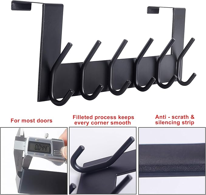 SKOLOO Over The Door Hook - 6 Hooks, No Assembly Required, Stainless Steel Door Hooks, Over Door Coat Rack for Hanging Coats Clothes Hats Robes, Black, Pack of 2