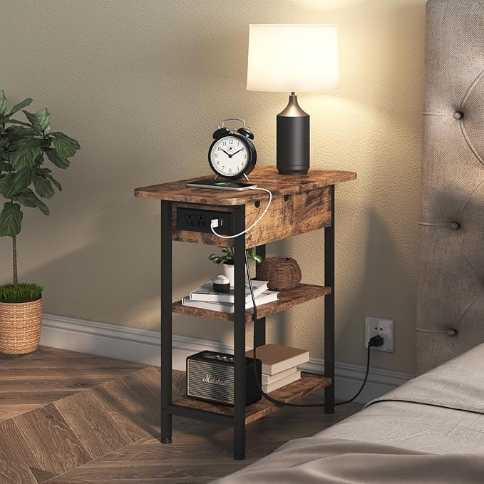 LIDYUK End Table with Charging Station, Flip Top Side Table with USB Ports and Outlets, Nightstand for Small Spaces, Bedside Tables with Storage Shelf for Living Room, Bedroom, Brown