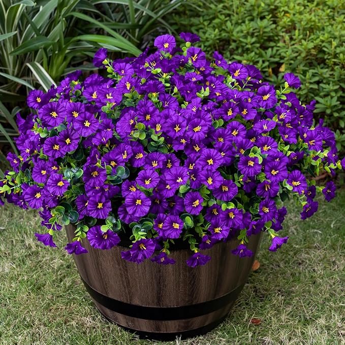 Artificial Faux Flowers for Outdoor 16 Bundles Boxwood Fake Morning Glory for Planter,UV Resistant Fake Flowers for Home Porch Patio Outside（Purple）