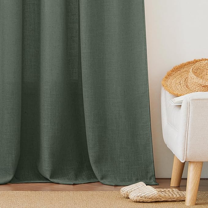 RYB HOME Linen Sheer Curtains for Living Room, Light Filtering Privacy Protection Spring Curtains for Sliding Glass Door, W 52 x L 96 inches, Hunter Green, 2 Panels Set