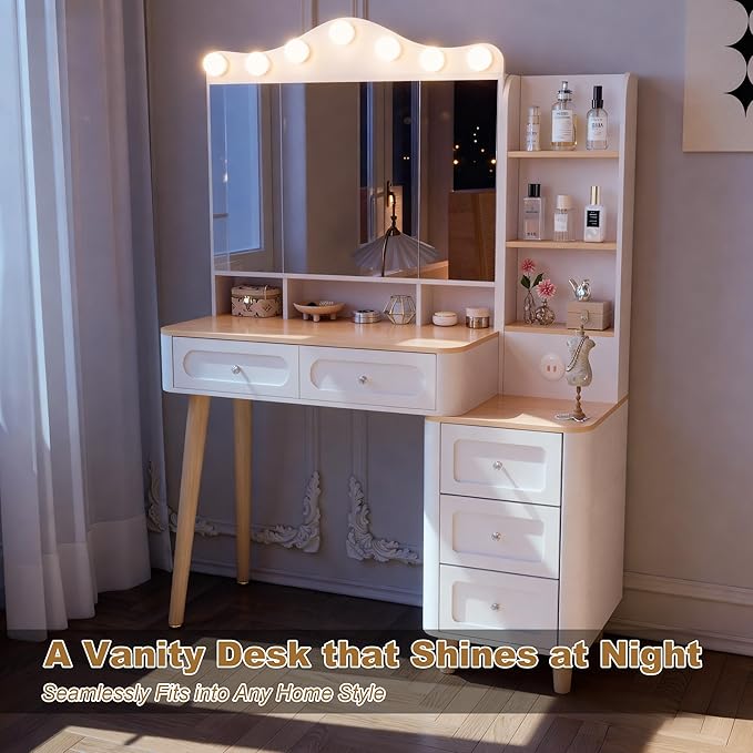 59" Vanity Desk with Mirror and Lights,Makeup Vanity with 2 USB Power Strip,Table with Two Drawers and Three-drawer Chest,3 Lighting Modes Adjustable Brightness,Foldable Three-sided Mirror (White)