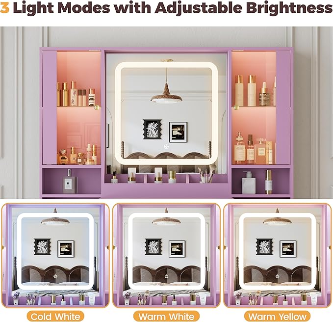 Vanity Desk with Mirror and Lights, Makeup Vanity with 7 Drawers, 2 Glass Door Cabinets, Charging Station, Adjustable Shelves, RGB Lighting, Hair Dryer Holder