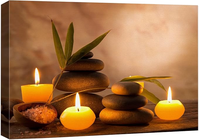 wall26 Canvas Print Wall Art Candles with Massage Stones in Romantic Brown Atmosphere Floral Nature Photography Realism Bohemian Scenic Relax/Calm Cool for Living Room, Bedroom, Bathroom - 32"x48"