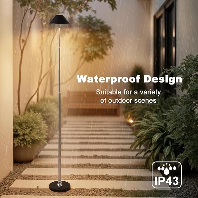 Rechargeable Floor Lamp for Indoor/Outdoor, Cordless Tall Standing Lamp with 3 Color Temps & Dimmable, IP43 Waterproof, Adjustable Height 16-56 Inch, Portable Pull-Up Lamp for Camping, Patio(Black)
