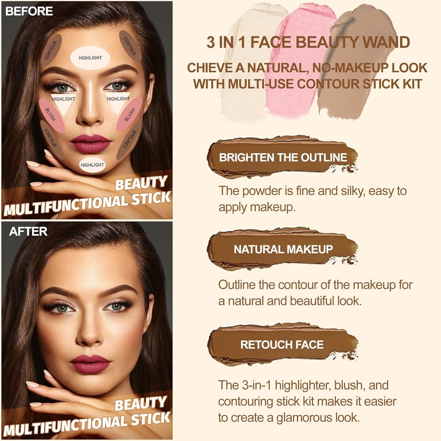 Lezero 3Pcs Contour Stick Makeup Kit, Shades with Matte Finish Highlighter, Blush and Bronzer Stick for Sculpt the Face and All Skin Type, Long Lasting, Smooth, Non-greasy, #2 LIGHT FAIR