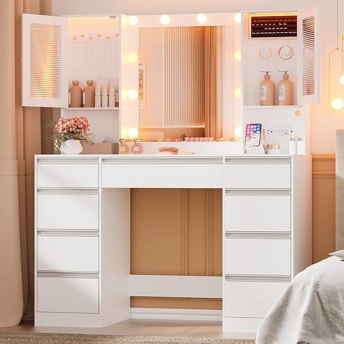 Vanity Desk with Mirror and Lights, 42.52" 9 Drawer Makeup Table with 2 RGB Lighting Cabinets and Power Outlet for Girls and Ladies Bedroom, White
