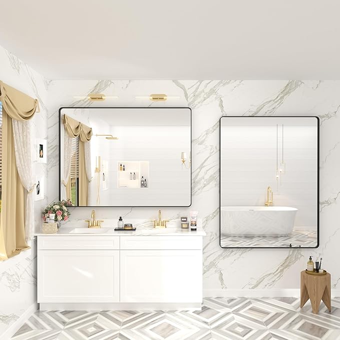 48x36 Matte Black Bathroom Mirror, Modern Rectangle Metal Framed Mirrors for Wall, Rounded Corners, Shatter-Proof (Horizontal/Vertical)
