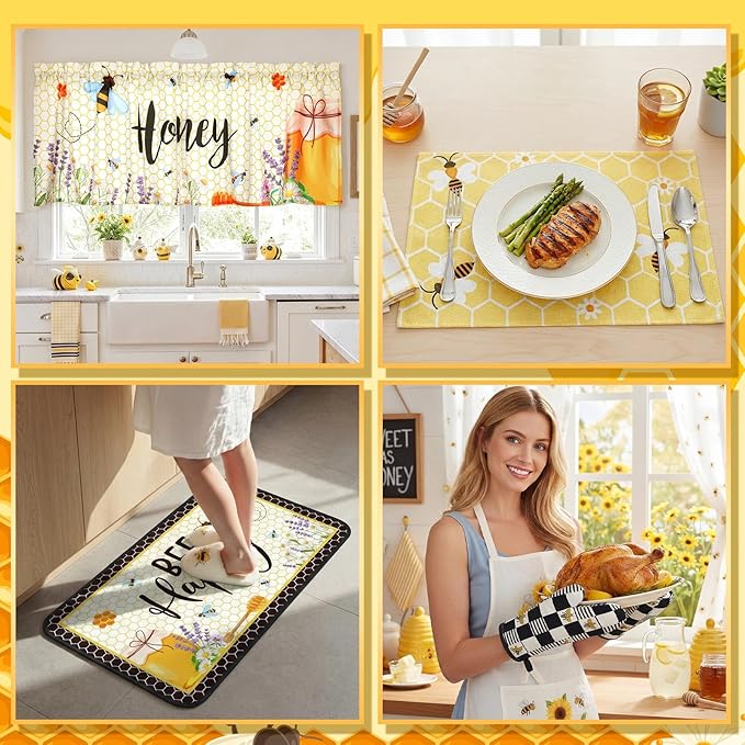 16 Pcs Honey Bee Kitchen Decor and Accessories Set 4 Yellow Kitchen Towel 4 Bee Placemat 2 Non Slip Rug and Mat Set for Floor 2 Oven Mitt Glove 2 Pot Holder 2 Curtain for Home Decor Mom Cooking Gift