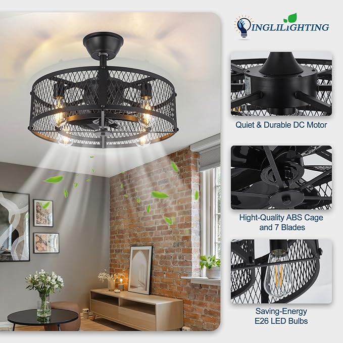 DLLT Caged Ceiling Fan with Light: 20" Farmhouse Fandelier with Light and Remote - Black Rustic Chandelier with Fan for Bedroon Kitchen Living Dining Room