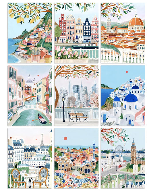 KICHANG 9 Packs Paint by Number for Adults, Scenery DIY Acrylic Oil Painting Paint by Numbers Kits on Canvas, Adults Paint by Numbers Kits Drawing Paintwork for Home Decor Gift Cityscape 12x16in