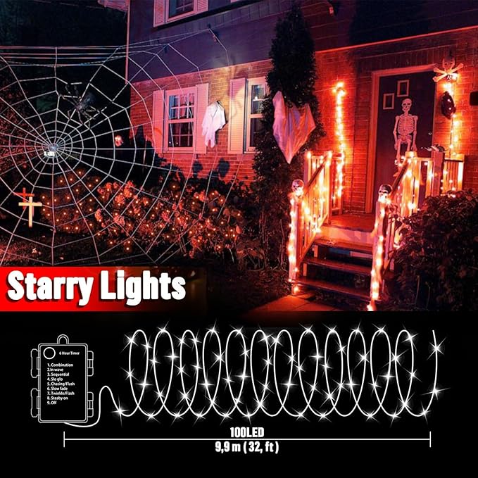 LAMPHOME Orange Fairy Lights, 100 LED 33ft Battery Operated Halloween Lights with Remote, 8 Modes Twinkle String Light for Halloween Thangksgiving Fall Tree Indoor Outdoor Decoration