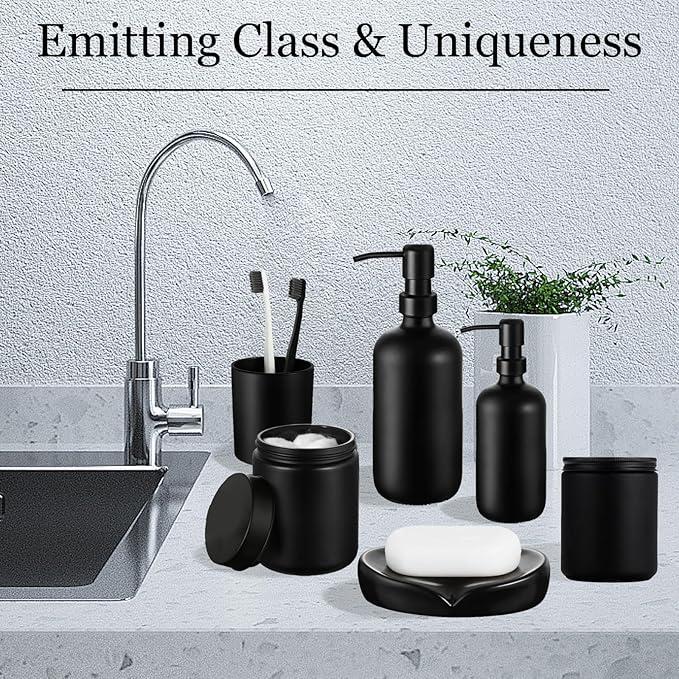 6PC Matte Black Bathroom Accessories Set with Glass Soap Dispenser | Modern Bathroom Organizer & Decor Set incl. Toothbrush, Qtip Holder
