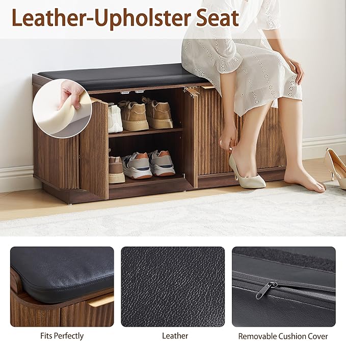 43.3''W Fluted Entryway Shoe Storage Bench with 4 Doors and Adjustable Shelf, 2-Tier Entry Bench Seat with Shoe Storage and Cushion, Shoe Cabinet Bench for End of Bed, Foyer, Hallway -Walnut