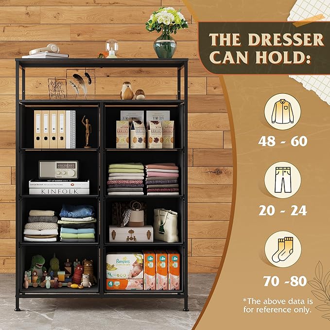 WLIVE Fabric Dresser for Bedroom with Open Shelves, Tall White Dresser with 8 Drawers, Storage Tower with Fabric Bins, Chest of Drawers for Closet, Hallway