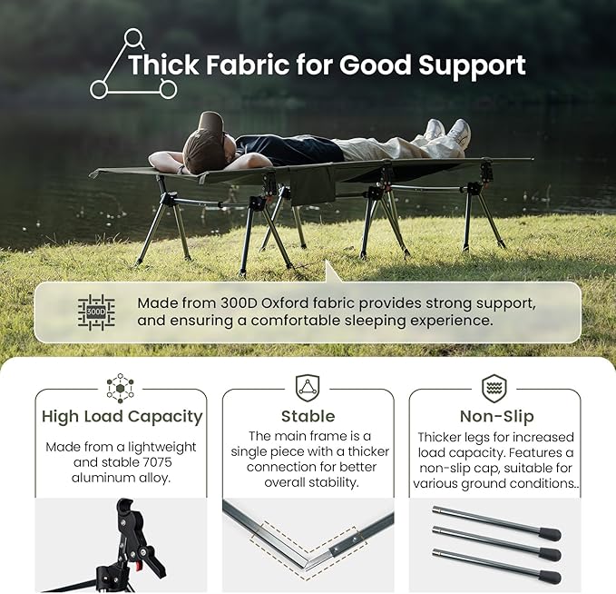 OneTigris SUPRANUBIS Camping Cot, Height Adjustable with Cot Leg Extenders, Strong Support 330lbs, Portable Folding Bed for Camping, Hiking, Travel, Truck, Beach, Office Nap (Ranger Green)