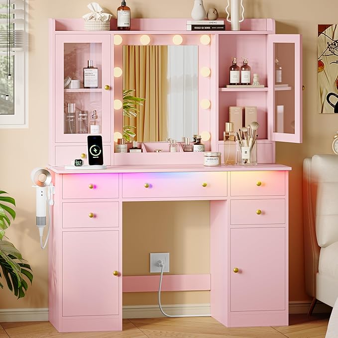 Makeup Vanity Desk with Mirror and Lights, Pink Vanity Table Set with Storage Drawers, Charging Station & Cabinets, Large Dressing Table with RGB Ambient Light for Women Girls Bedroom Bathroom