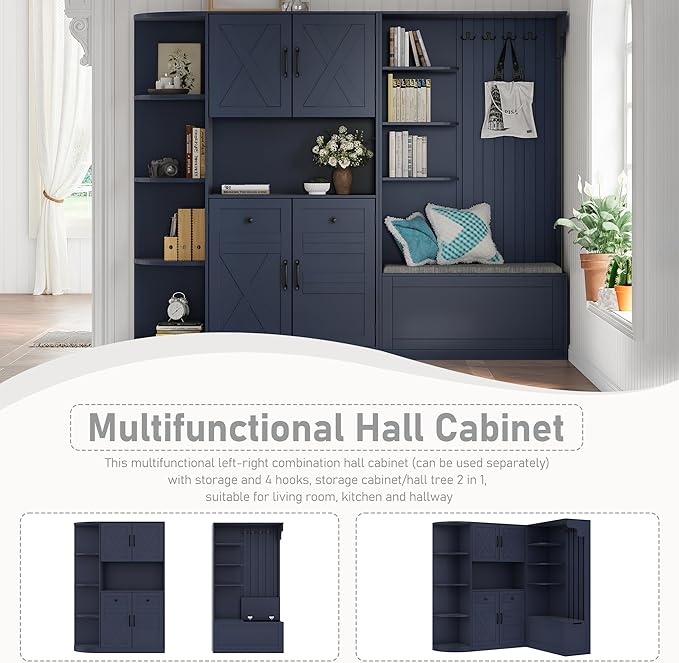 Multifunctional Hall Tree with 4 Hooks, Wood Hall Tree with Open Shelving and Flip Hidden Shelf, Left-Right Combination Coat Rack (can be Used Separately), Entryway Bench (Antique Blue/45c)