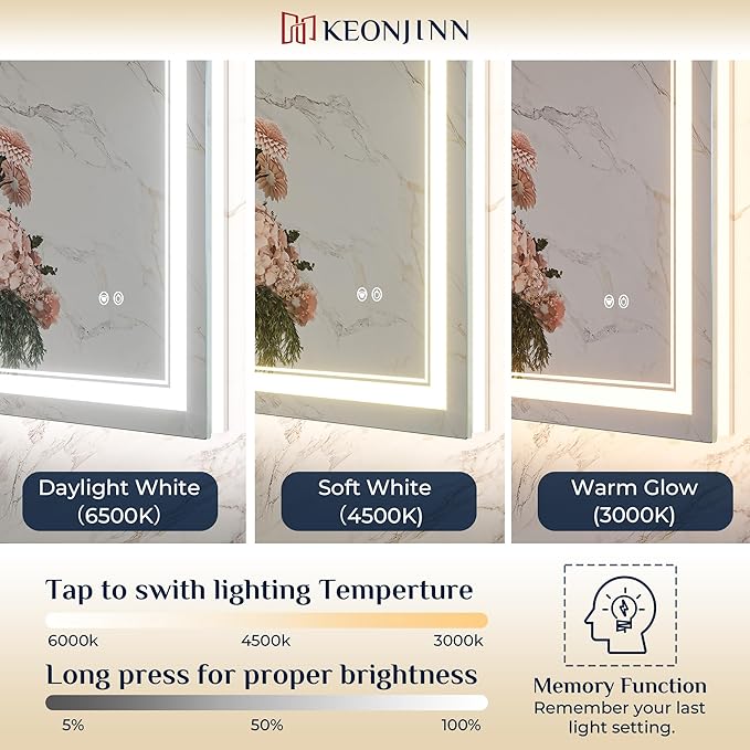 Keonjinn 55" x 36" LED Mirror, Frontlit & Backlit Bathroom Mirror, Oversized, Tempered Glass, Energy-Saving, Anti-Fog, Warm/Neutral/White Lights, Stepless Dimmable, UL-Listed LED Driver