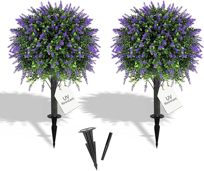 27.2" Artificial Lavender Topiary Set of 2 with Spike, Fake Plants Boxwood Balls Greenery Shrubs , Uv Resistant Artificial Push in Flowers Bushes for Outdoor Front Porch Decor, Home Faux Plants Indoor