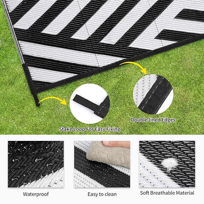 Outdoor Patio Plastic Straw Rug - 9'x12' Outdoor Camping Rug Waterproof Reversible, Area Carpet Patios Clearance RV, Outside Porch Balcony Deck for Camper, White & Black