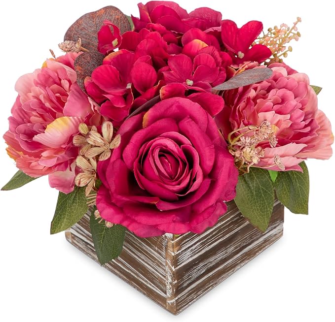 Flower Arrangement with Wooden Vase 8" Artificial Flowers in Pot - Fake Flowers Roses Peonies Hydrangeas in Wooden Vase Potted Artificial Flower Centerpieces for Table Decor Living Room - Hot Pink