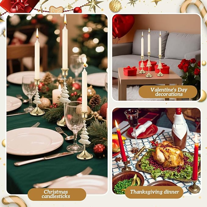 3 Pcs Christmas Candle Holders 3 Size Gold Taper Candlestick Holders Set Vintage Decorative Centerpiece for Table Mantel Wedding Housewarming Thanksgiving Gifts (Christmas Tree)