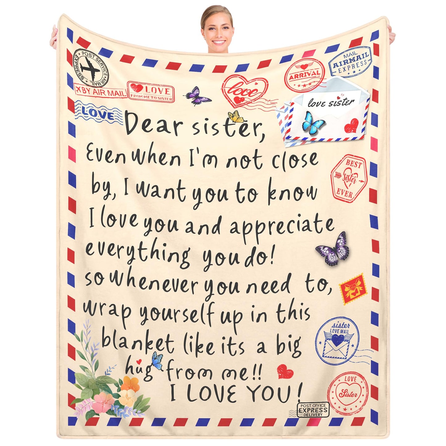 Sister Gifts Throw Blanket for Sisters,Sister Birthday Gifts,Mother's Day,Super Soft Flannel Love Present A Letter Blankets with Butterfly 50"x60" for Christmas,Valentines Day,Bed,Couch