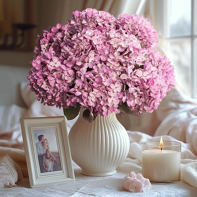Artificial Flower Fake Silk Hydrangea Heads Bouquet with Stems Bulk for Fall Decoration Table Center Christmas Indoor Outdoor Faux Floral Realistic with Leaves Plants Crafts 8PCS(Pink)