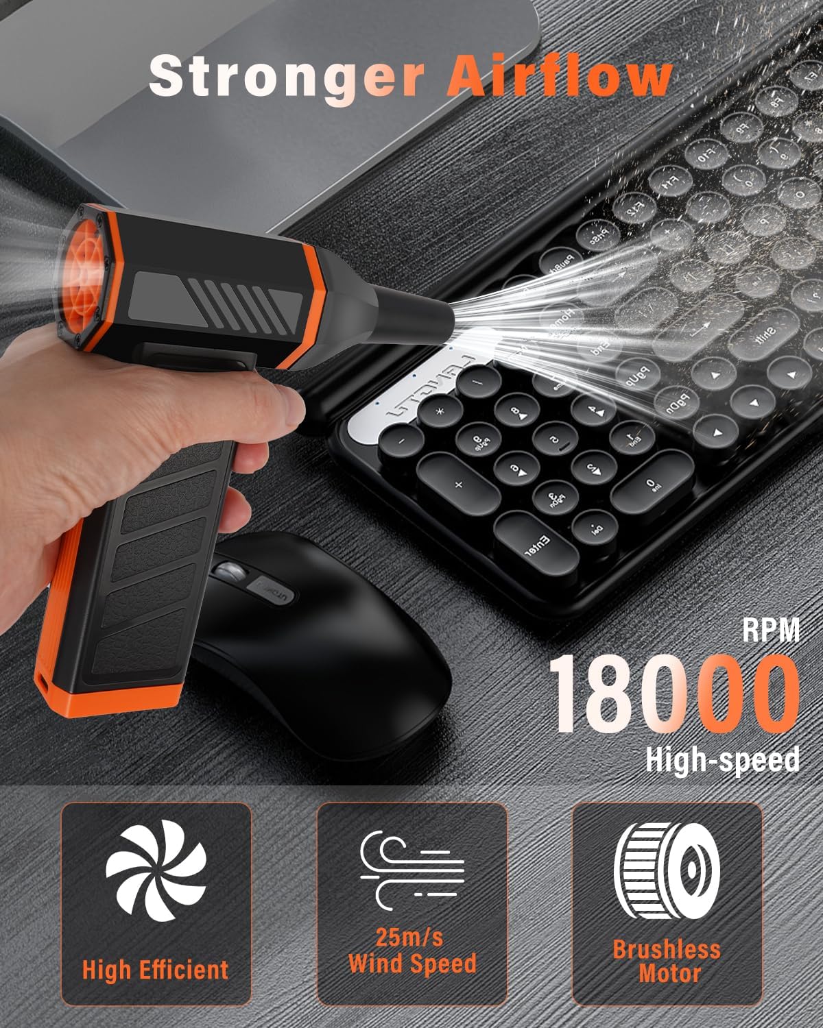 Compressed Air Duster-180000RPM Cordless Air Blower with LED Light, 4-Gear Adjustable Mini Jet Dry Blower with 5000mAh Rechargeable Battery for Computer Keyboard, Laptop, Replaces Compressed Air Cans