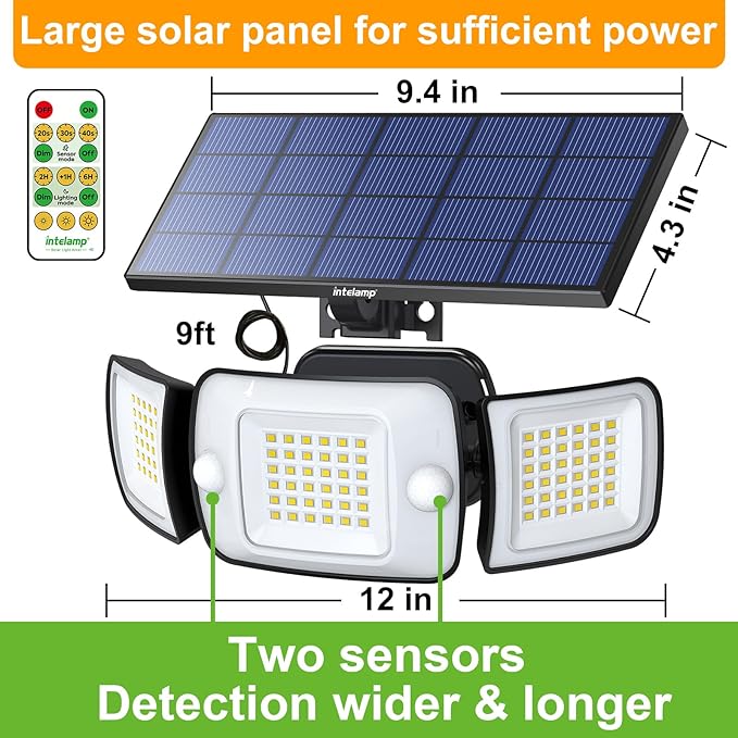intelamp Solar Lights Outdoor, 3 Head Solar MotionSensor Lights for Outside, lP65 Waterproof,Separate Panel with 9FT Cable RemoteControl Wall Lights