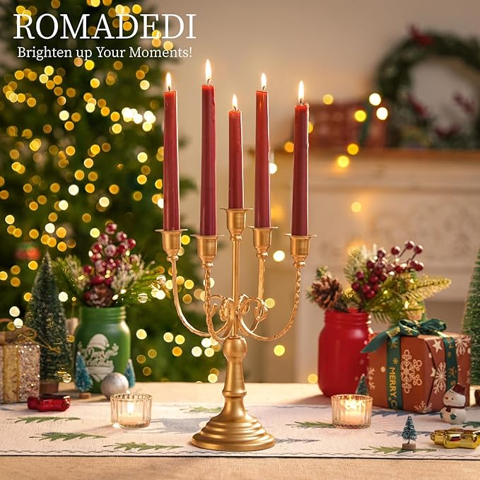 Romadedi Candelabra Gold Candle Holders - 5 Arm 11.8" Wedding Candlestick Holder for Theme Party Table Centerpiece Decor Dining Room Birthday Holiday Christmas, Set of 6