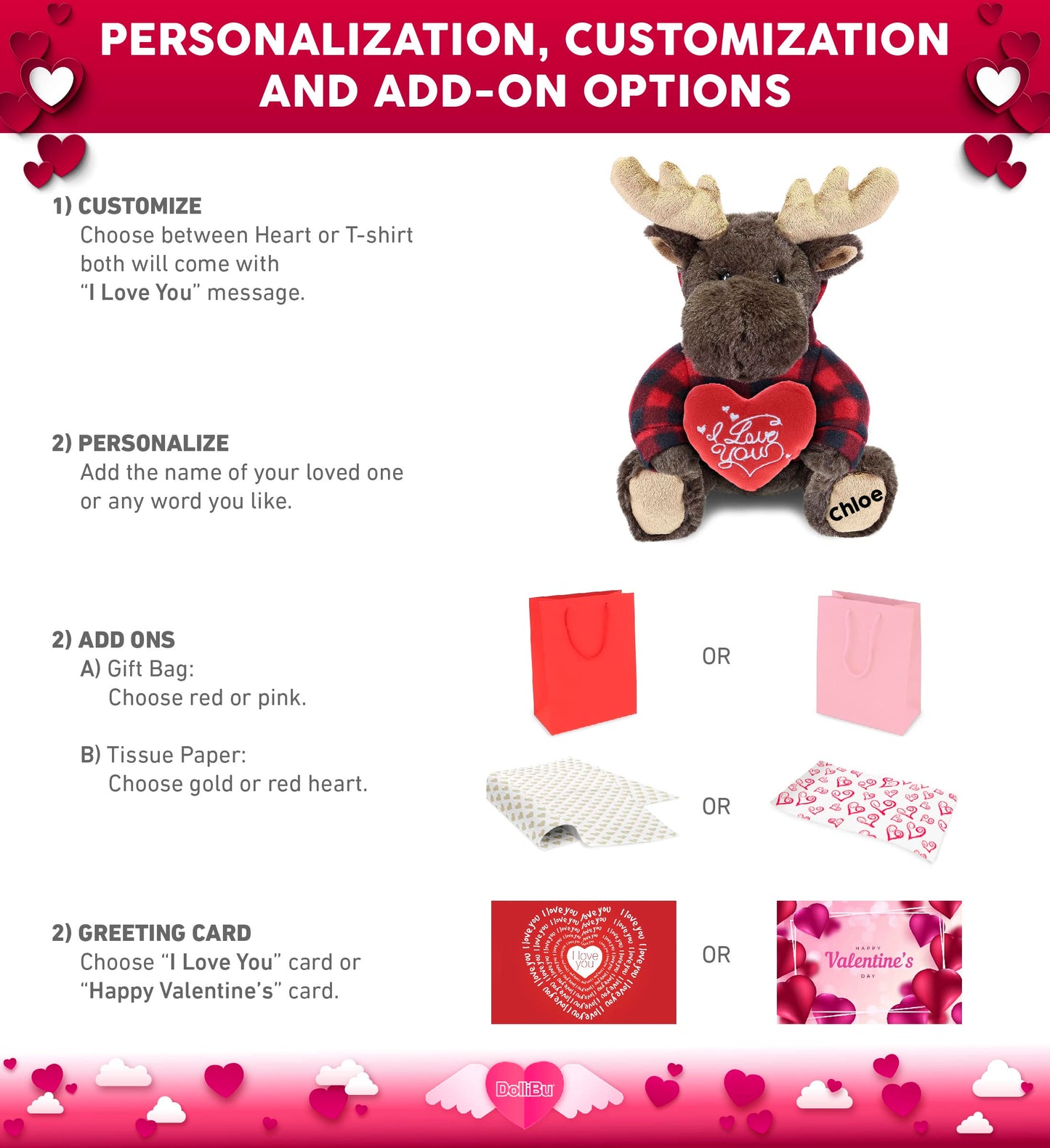 DolliBu I Love You Valentine Plush Moose with Red Plaid Hoodie - Cute Stuffed Animal with Red Heart and Name Personalization Gift for Valentines Day, Birthday, Anniversary, Romantic Date - 10 Inches