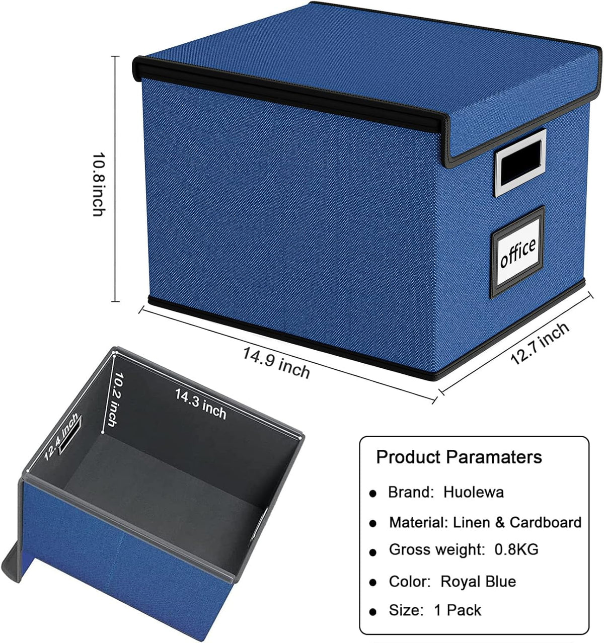 Huolewa Decorative File Organizer Box Office Document Storage with Lid, Portable Collapsible Linen Hanging Filing & Storage Boxes for Office/Decor/Home (Royal Blue) - 14.9 x 12.7 x 10.8 inch - 1Pack
