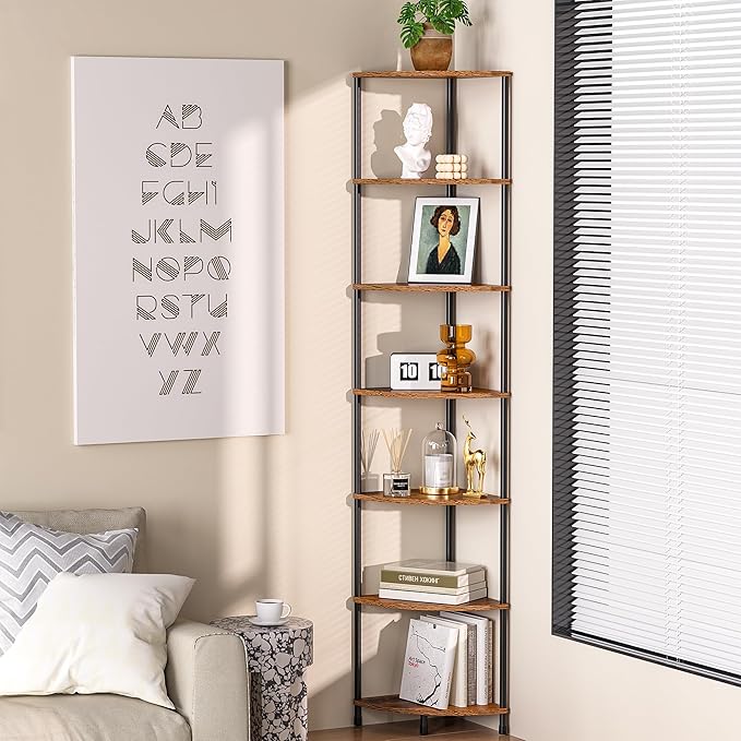 Corner Plant Stand Shelf, 7 Tier Tall Plant Stand for Indoor Plants, Rustic Brown Corner Book Wall Decor Living Room, 64.7" Display Shelf for Bedroom, Bathroom, Small Space