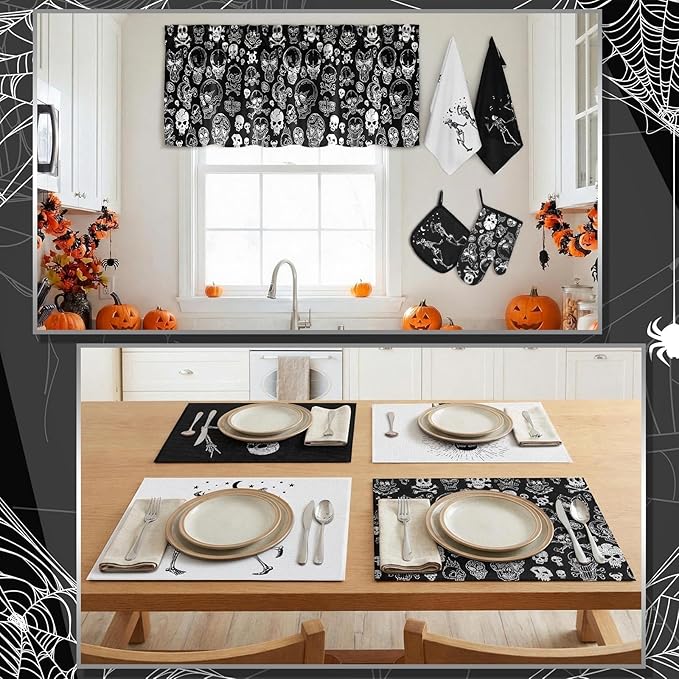 Fourluoo 16 Pcs Halloween Kitchen Decor and Accessories Set Black Skeleton Kitchen Towels and Dishcloths Non Slip Rugs Mats Oven Mitts and Pot Holders Scary Curtains Set for Home Decoration Gift