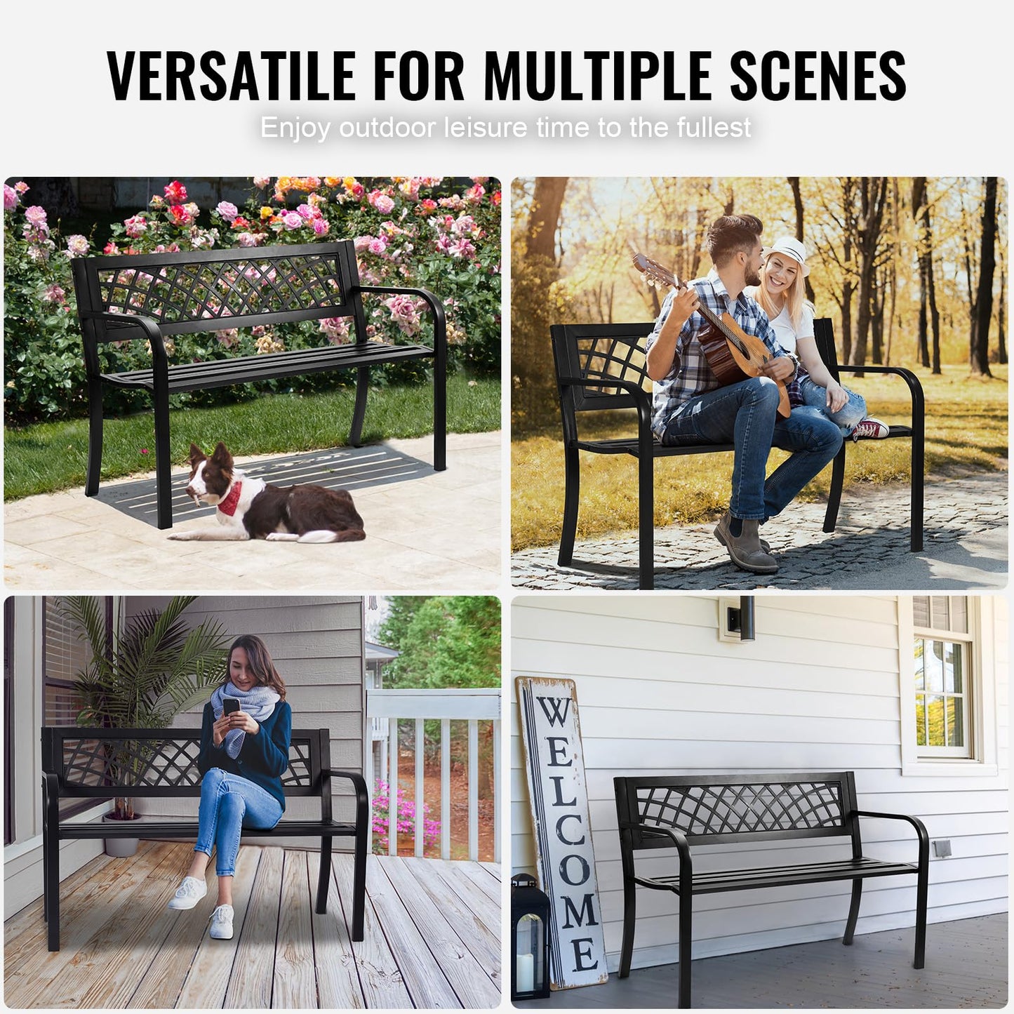 VEVOR Outdoor Bench, 46" Iron Steel Frame Garden Park Bench with Mesh Pattern and Plastic Backrest Armrests, Patio Bench for Garden, Park, Yard, Front Porch