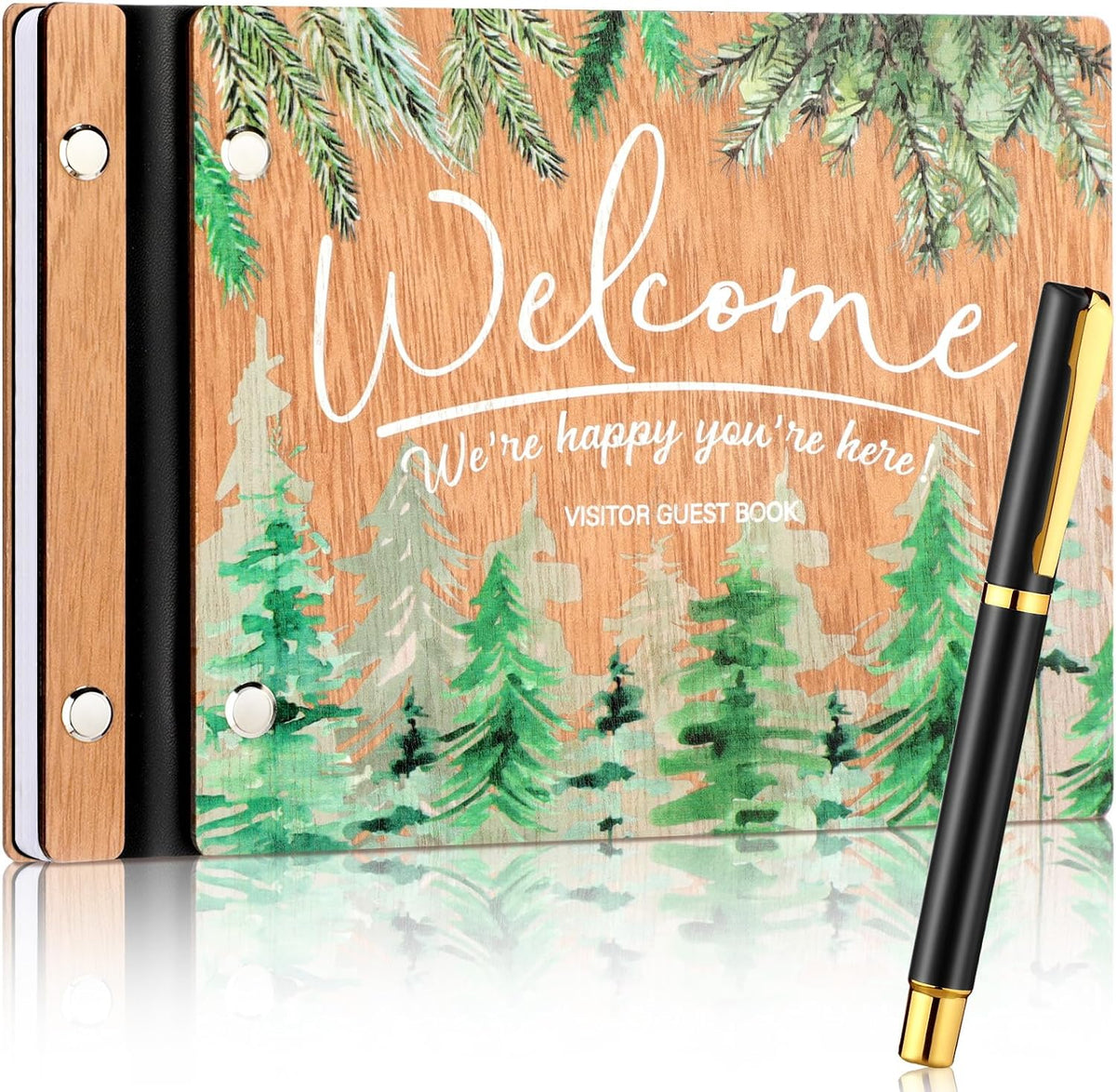 Welcome Guest Book Wood Cover Visitor Log Book Rustic Wedding Memory Scrapbook with Pen 8 x 6 Inches Neutral Pine Photo Album with 120 Pages for Vacation Home Wedding Office Reception