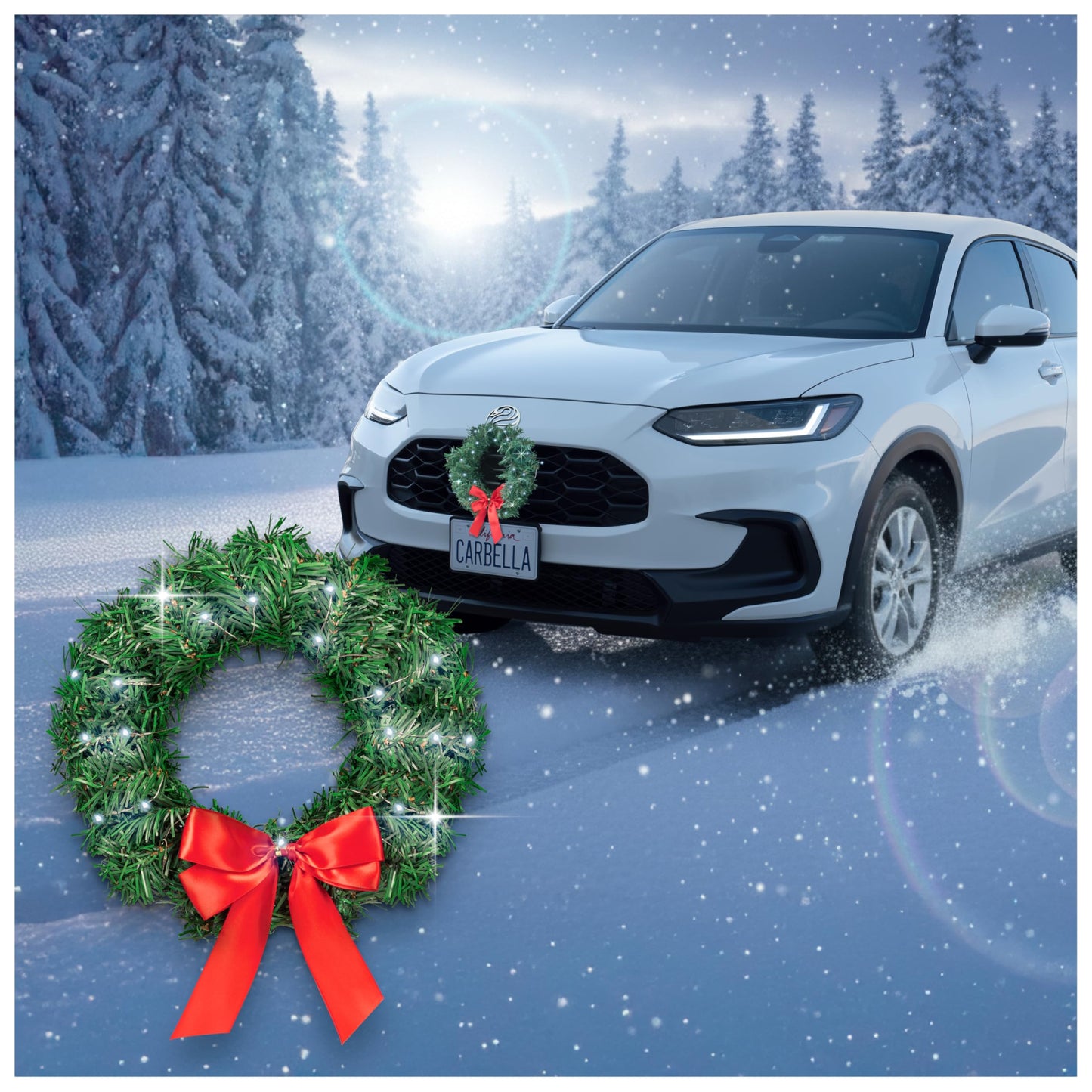 Carbella Christmas Wreath for Car Truck SUV Van, LED Light Up with Red Bow Decoration Ornament Mount Xmas Artificial Pine Water-Proof Winter Holiday Wreath Mounting Hardware Included (11" x 11"")"