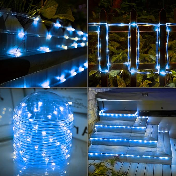 Solar Rope Lights, 33ft 100LED Solar String Lights, 8 Modes Waterproof Solar Powered Outdoor Light, Flexible Clear Tube Light for Garden Backyard Patio Deck Porch Pool Tree Christmas Decoration - Blue